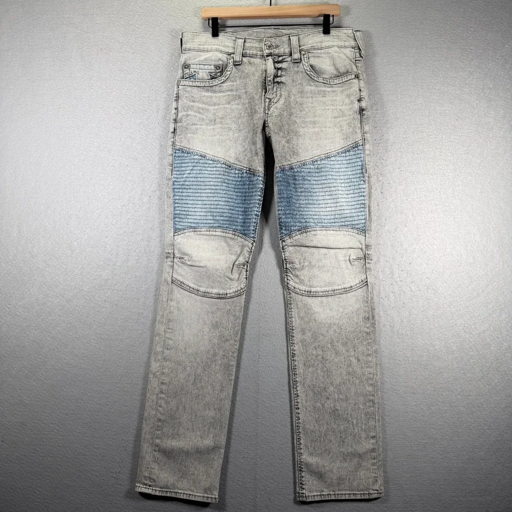 True Religion Men's Slim Fit Moto Run Stitch Jeans Size 34x35 Light Gray Wash‎